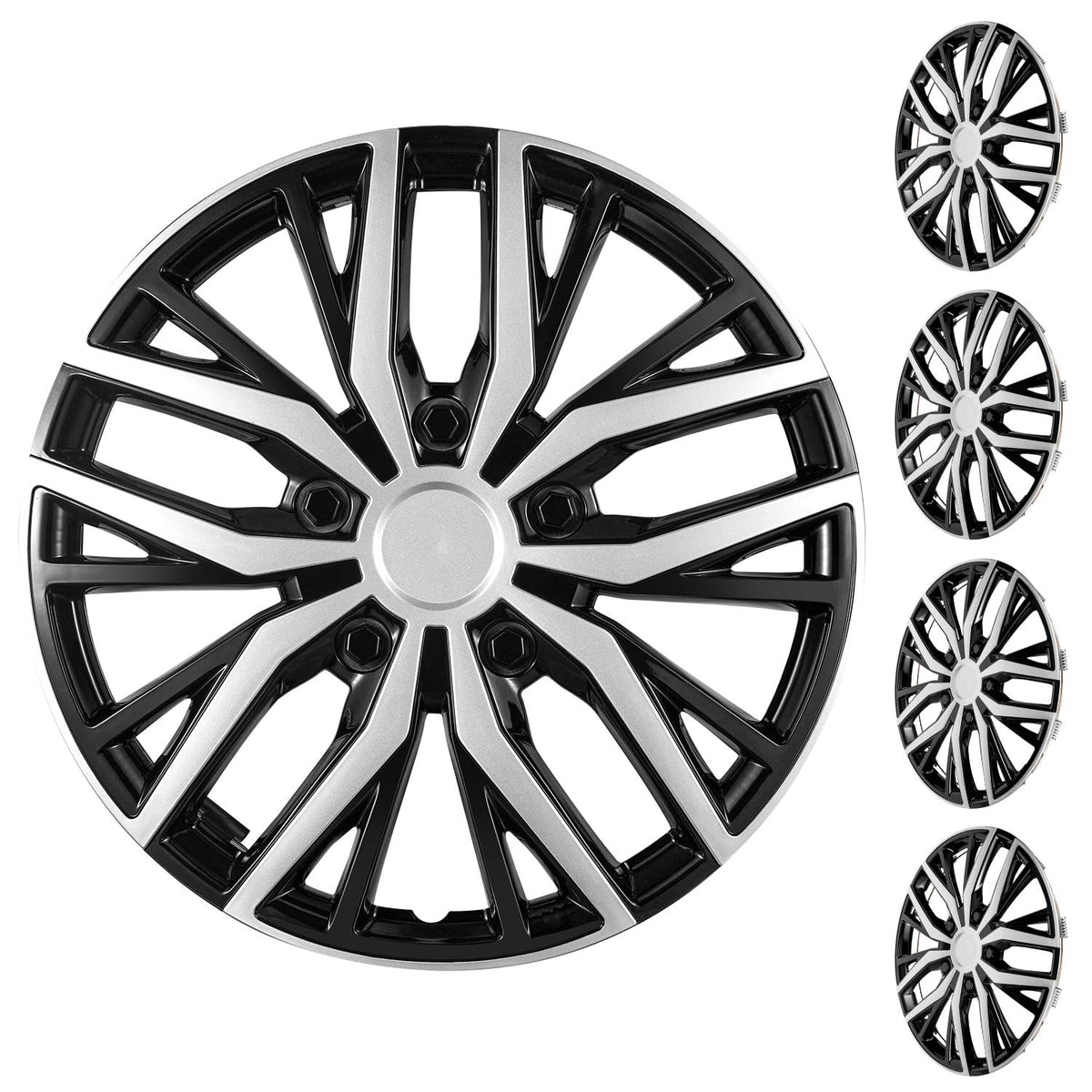16 Inch Grey Black Universal Wheel Covers for Cars, Trucks and SUVs, Snap-On Hub Caps with Adjustable Retention Ring for Most Flat Steel Wheels, 4 Pack (Grey and Black)