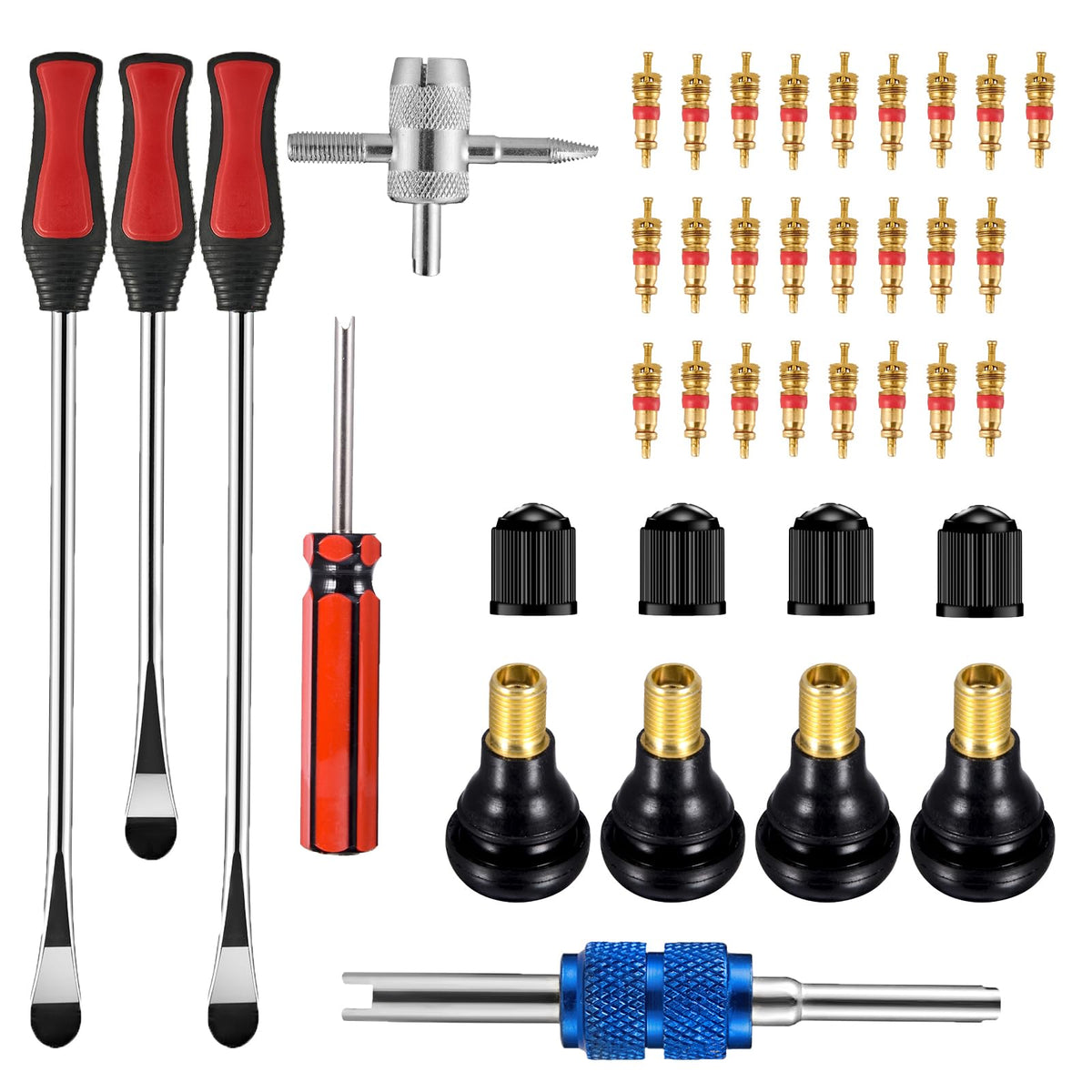 FEBRYTOLD 3 Pcs Tire Valve Core Remover Tools with 25 Pcs Brass Valve Stem Cores, 4-Way Valve Stem Core Tool, Dual & Single Head Tire Valve Core Remover Installer Tools