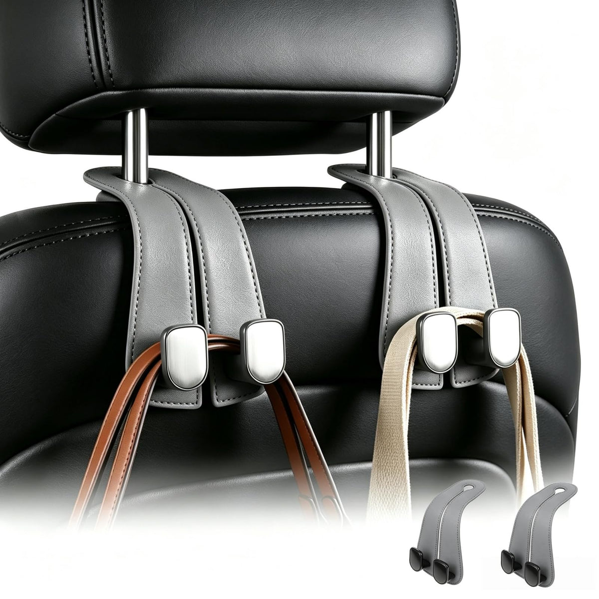 2 Pack Car Purse Hooks, Leather Car Headrest Hooks for Purses & Bags(Black)