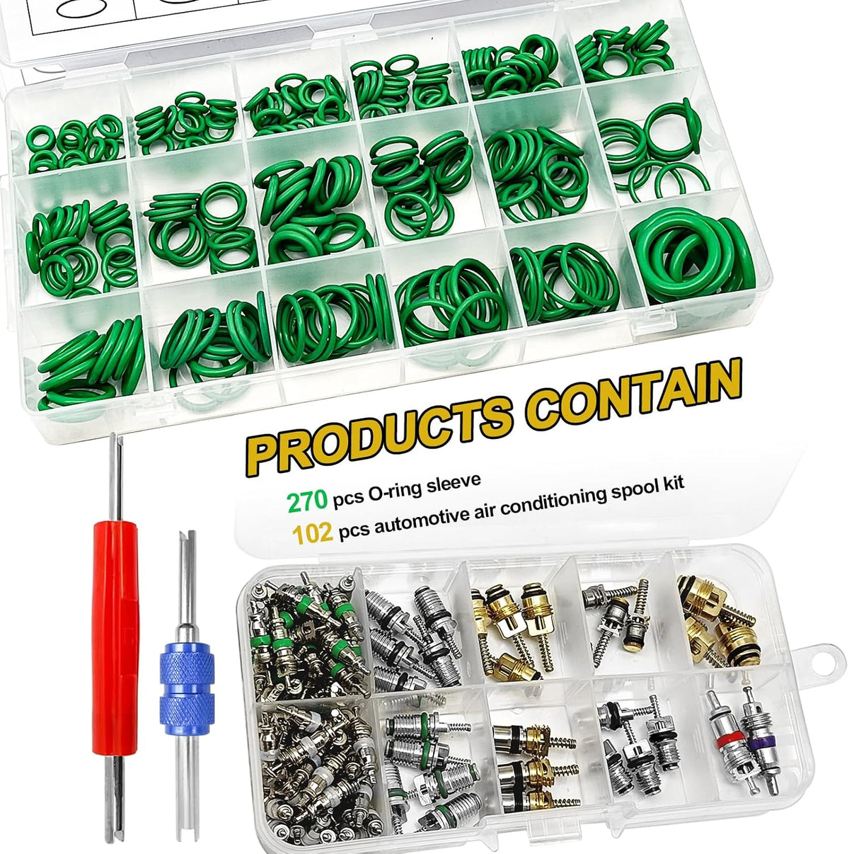 Car A/C Repair Kit, 270PCS O-Ring Set + 102PCS Car Air Conditioner Valve Core Kit with Double Head Install Tool, A/C R12 R134a Refrigeration Tire Valve Stem Cores, O-Ring Seals Kit