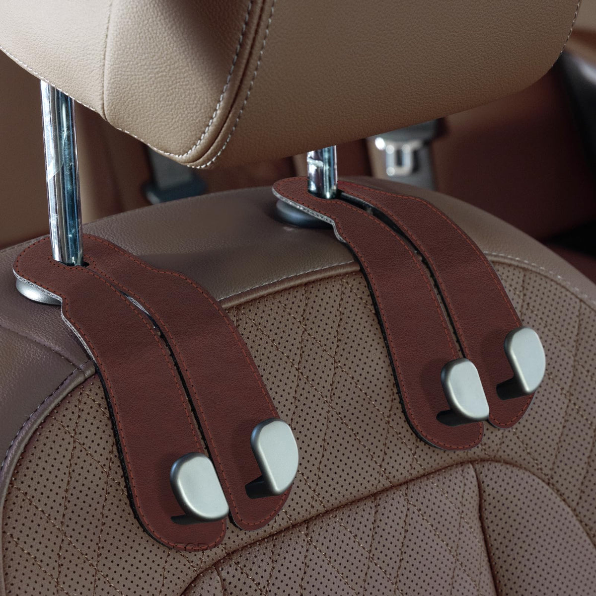 CoBak Purse Hook for Car - Universal Premium Stitched Leather and Aluminum-Magnesium Alloy Double Car Seat Back Storage Hook for Purses, Handbags, Bags (2 Pack),Black