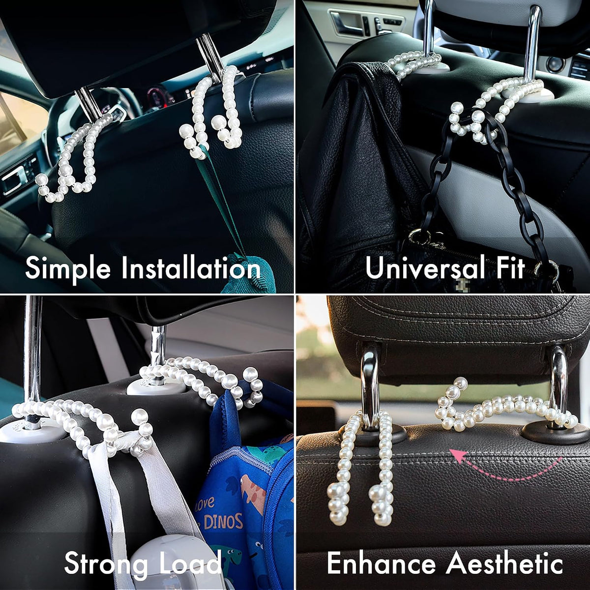 Purse Hook for Car, Pearl Bag Holder for Seat Headrest, 2-Pack