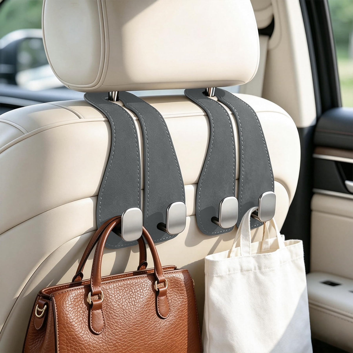 SINGARO 2PCS Car Purse Holder Hook, Seat Back Storage Hook, Leather-Wrapped Alloy Double Headrest Hook for Purses & Bags, Cute Car Interior Accessories for Women and Men, Brown