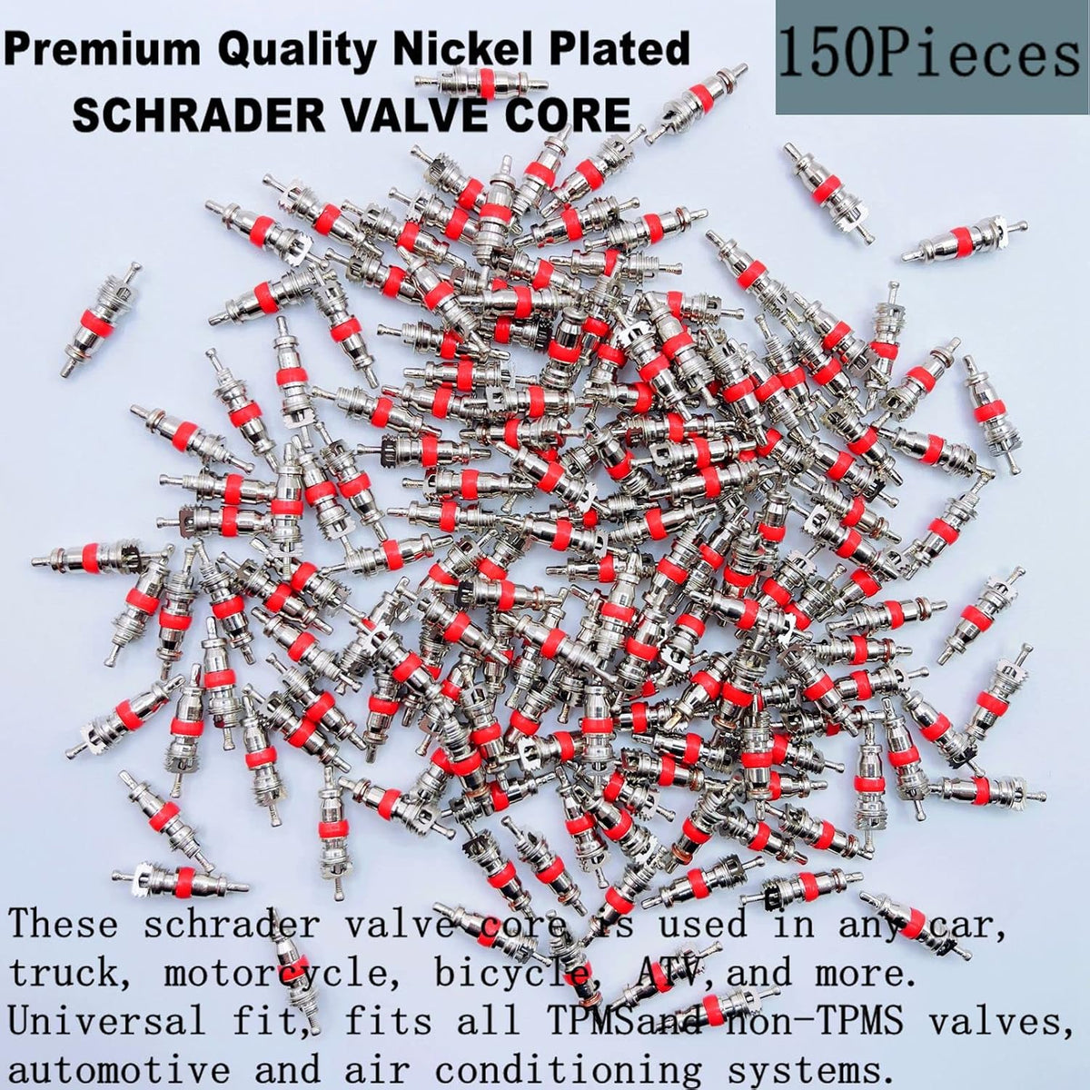150Pcs Tire Valve Core Kit, Premium Nickel-Plated Valve Stem Core,TPMS Safe Schrader Valve Stem Cores, Valve Cores for Cars, SUVs, Bikes, Trucks, Motorcycles and HVAC, Air Conditioning Applications