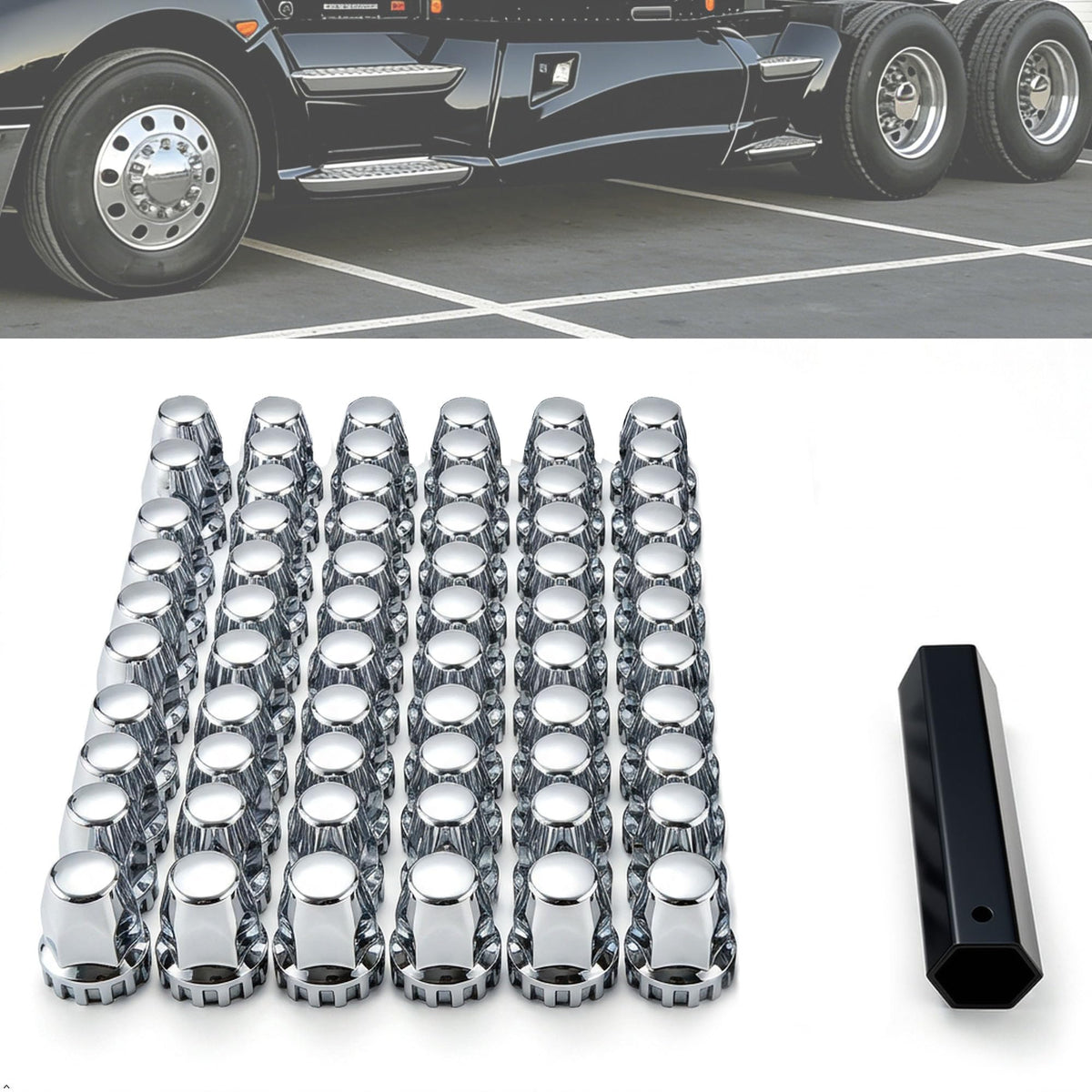 Dome Chrome ABS Hubcaps for Semi Trucks Axle Wheel Cover Kits 2 Rront 4 Rear with 33mm Thread on Lug Nut Covers and Installation Tool