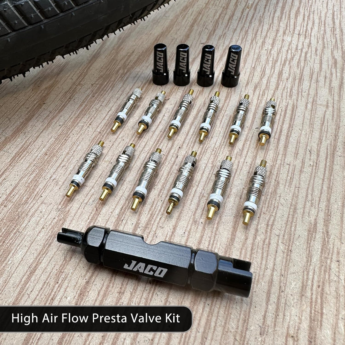 JACO Presta Valve Core Repair Kit for Bike Tires | with (12X) Replacement Valve Cores, (4X) Valve Caps, and Valve Removal Tool