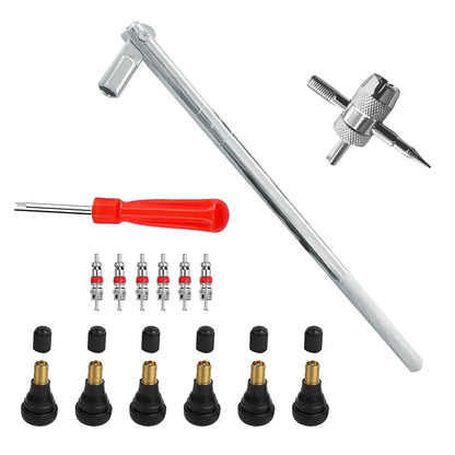 GLSOWEE Tire Valve Stem Puller Installer Tool Kit, 40Pcs Valve Cores & 20Pcs Valve Caps, 2Pcs Single Head Tire Valve Core Remover, 4-Way Valve Tool & Dual Head Puller
