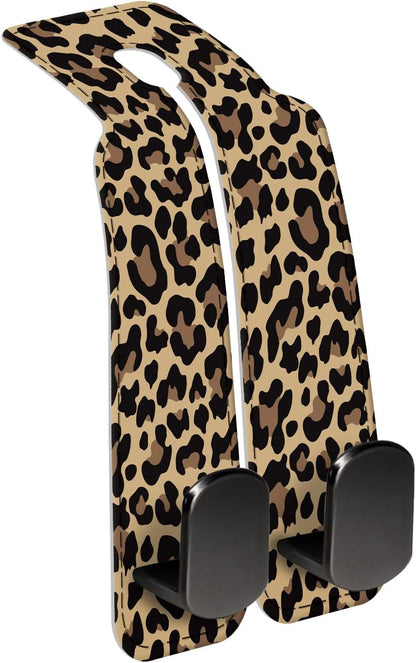 Car Seat Back Storage Headrest Hook, 1 Pack Premium Leather Double Metal Hook, Hanger Storage Organizer for Purse Cloth Bag, Car Interior Accessories Luxury Brown Leopard