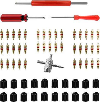 GLSOWEE Tire Valve Stem Puller Installer Tool Kit, 40Pcs Valve Cores & 20Pcs Valve Caps, 2Pcs Single Head Tire Valve Core Remover, 4-Way Valve Tool & Dual Head Puller