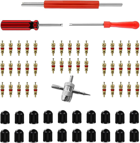GLSOWEE Tire Valve Stem Puller Installer Tool Kit, 40Pcs Valve Cores & 20Pcs Valve Caps, 2Pcs Single Head Tire Valve Core Remover, 4-Way Valve Tool & Dual Head Puller