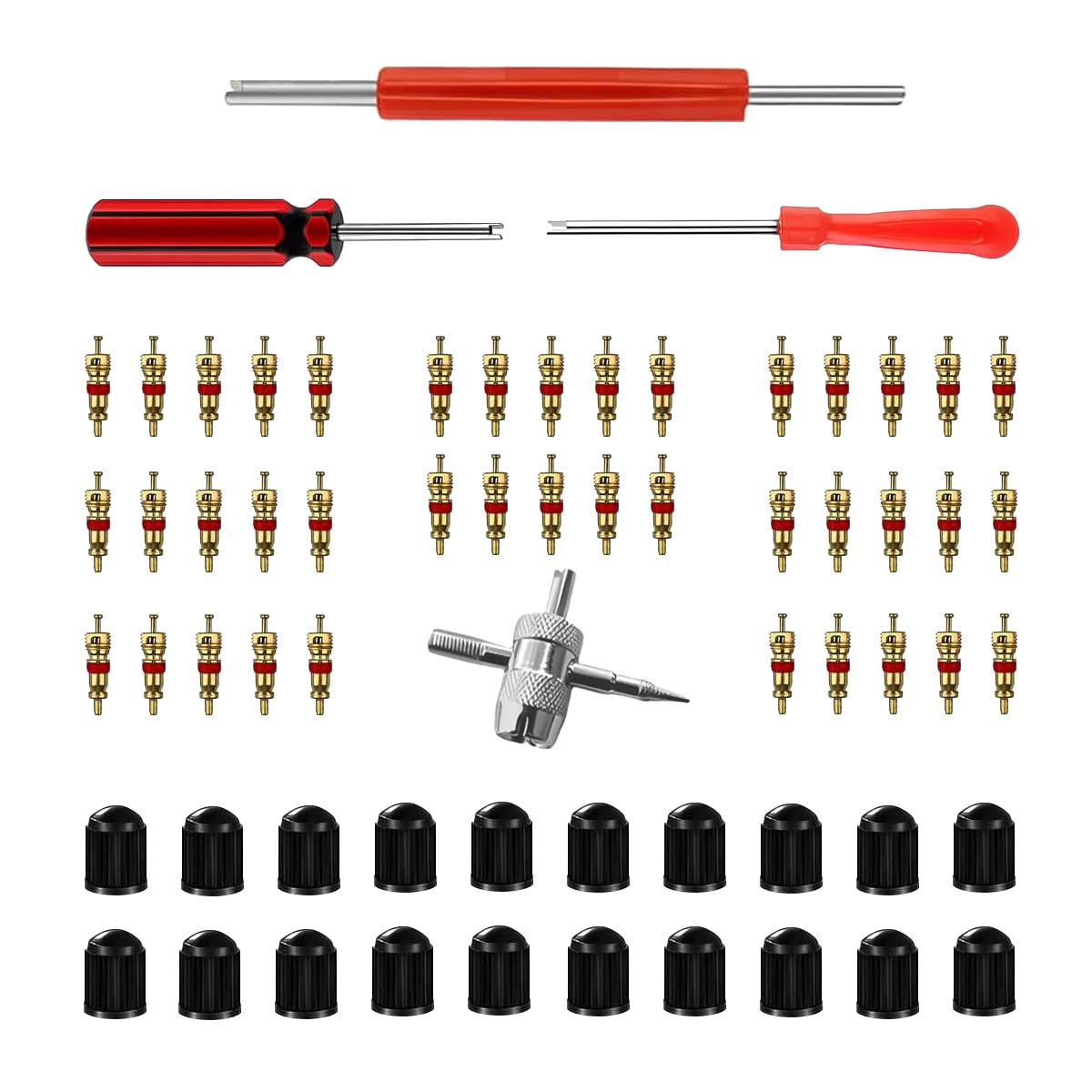 GLSOWEE Tire Valve Stem Puller Installer Tool Kit, 40Pcs Valve Cores & 20Pcs Valve Caps, 2Pcs Single Head Tire Valve Core Remover, 4-Way Valve Tool & Dual Head Puller