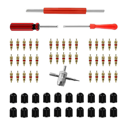 GLSOWEE Tire Valve Stem Puller Installer Tool Kit, 40Pcs Valve Cores & 20Pcs Valve Caps, 2Pcs Single Head Tire Valve Core Remover, 4-Way Valve Tool & Dual Head Puller