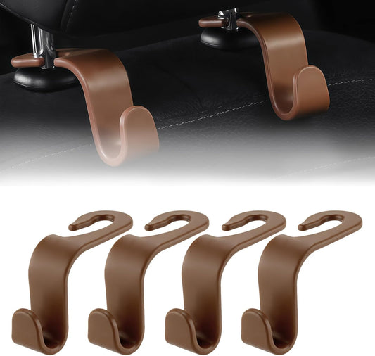 Purse Hook for Car, 4 PCS Car Purse Hook Headrest Hooks, 360° Rotatable Back Seat Storage Organizer, Universal Vehicle Seat Hanger for Purses, Handbags, Grocery Bags, Water Bottles, Brown