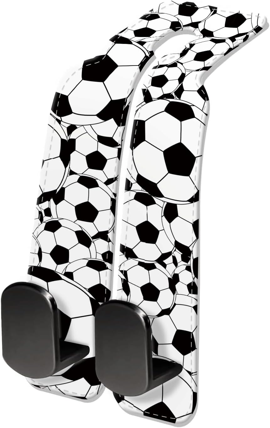 Car Seat Headrest Hook, Universal Leather Cute Hanger Holder Hook, Storage Organizer Interior Accessories for Purse Bags Handbag Black White Soccer