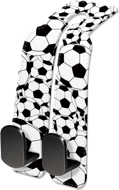 Car Seat Headrest Hook, Universal Leather Cute Hanger Holder Hook, Storage Organizer Interior Accessories for Purse Bags Handbag Black White Soccer
