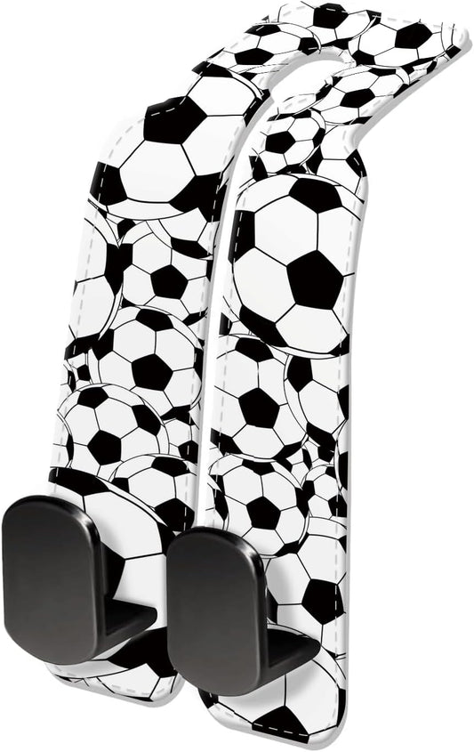 Car Seat Headrest Hook, Universal Leather Cute Hanger Holder Hook, Storage Organizer Interior Accessories for Purse Bags Handbag Black White Soccer