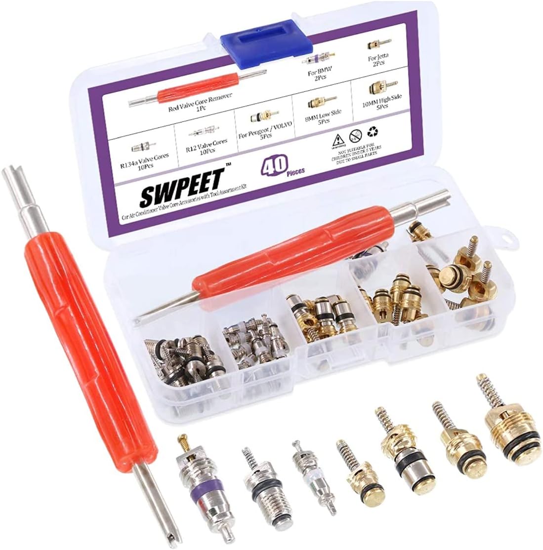 Swpeet 40Pcs Air Conditioning Valve Core Kit, A/C R12 R134a Refrigeration Tire Valve Stem Cores With Remover tool for Most car