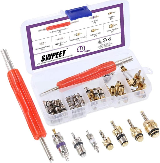 Swpeet 40Pcs Air Conditioning Valve Core Kit, A/C R12 R134a Refrigeration Tire Valve Stem Cores With Remover tool for Most car