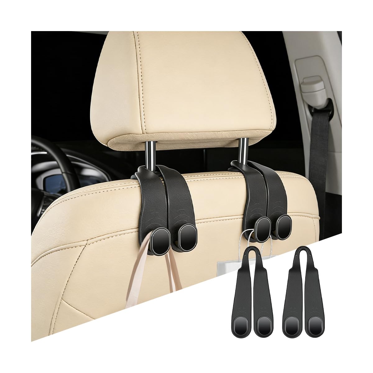 2PCS Car Seat Headrest Hook, Multifunctional Dual Hook Backseat Bag Purse Holder Organizer, Auto Interior Seat Back Storage Hanger for Coat Umbrella Grocery, Universal for Vehicles (Black)