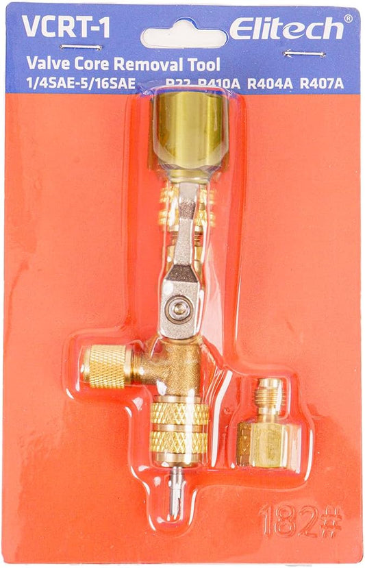 Elitech Valve Core Removal Installer Tool for HVAC VCRT-1, AC Schrader Valve Tool with Dual Size SAE 1/4 and 5/16 Port Brass Adapter Compatible with R22 R12 R410 R32 R404 R407 with Valve Cores