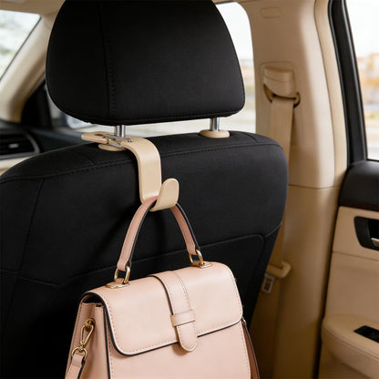 4PCS Car Seat Headrest Hook, Multi-Purpose Seat Back Hanger Purse Bag Handbag Organizer, Auto Interior Backseat Storage Hook Holder for Coat Hat Grocery Umbrella, Universal Fit (Beige)