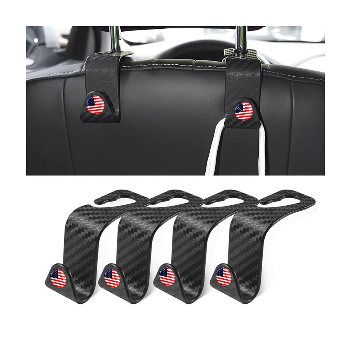 4 Pack Headrest Hooks for Vehicle Seats, Black/Black Flag