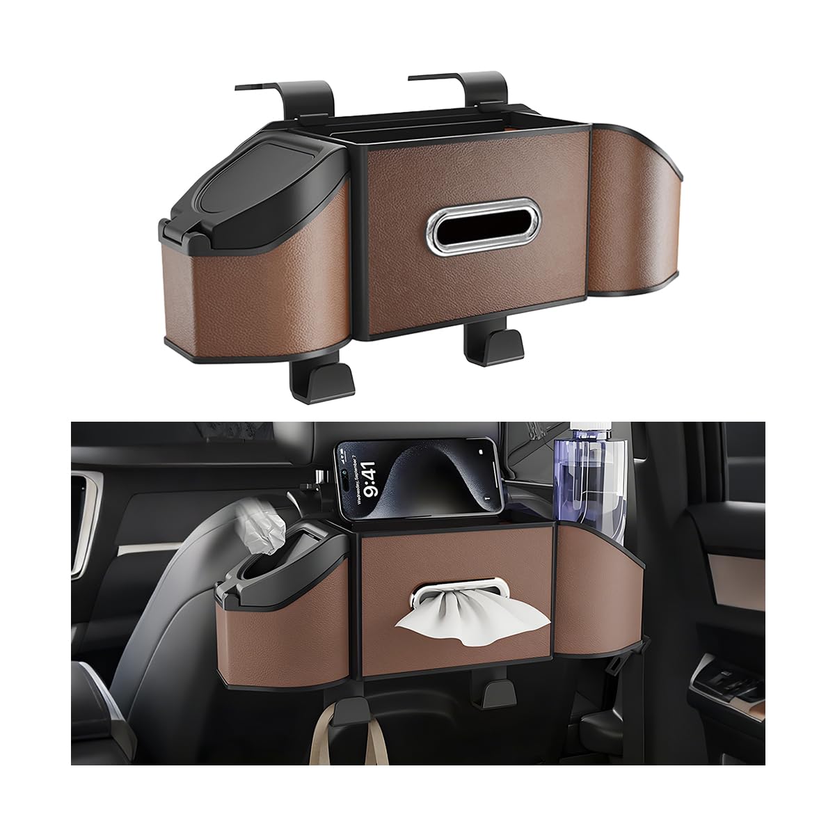 HZEL Car Seat Back Organizer, 7 in 1 Vehicle Backseat Storage Box with Cup Holder Tissue Box Trash Bin & Hooks, Multifunctional Auto Interior Headrest Organizer, Universal for SUV RV Truck (Black)