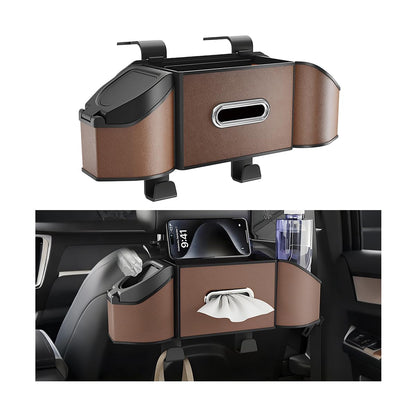 HZEL Car Seat Back Organizer, 7 in 1 Vehicle Backseat Storage Box with Cup Holder Tissue Box Trash Bin & Hooks, Multifunctional Auto Interior Headrest Organizer, Universal for SUV RV Truck (Black)