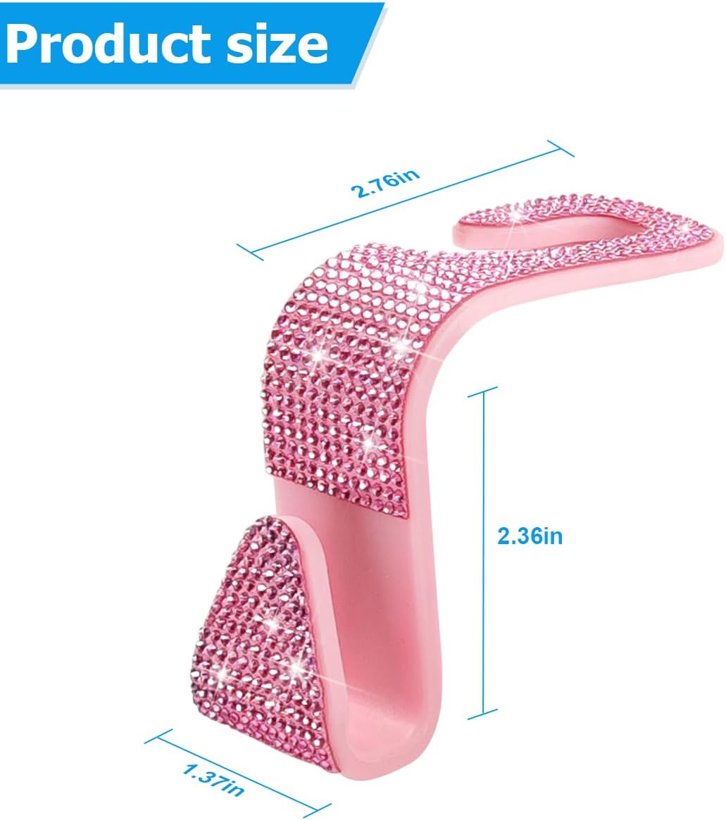 Zpana 4PCS Bling Car Seat Headrest Hooks, Crystal Rhinestones, Pink