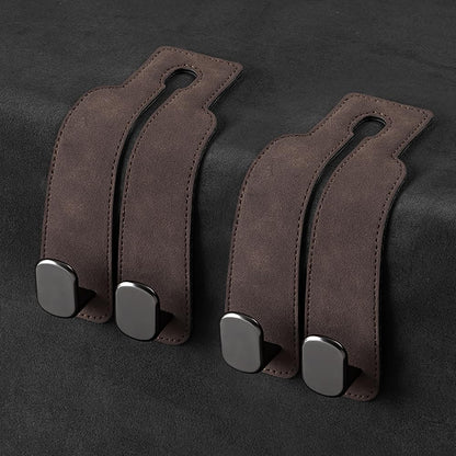 KINIVA Car Seat Headrest Storage Hooks, Set of 2, Suede PU Leather, Double Hooks (Grey)