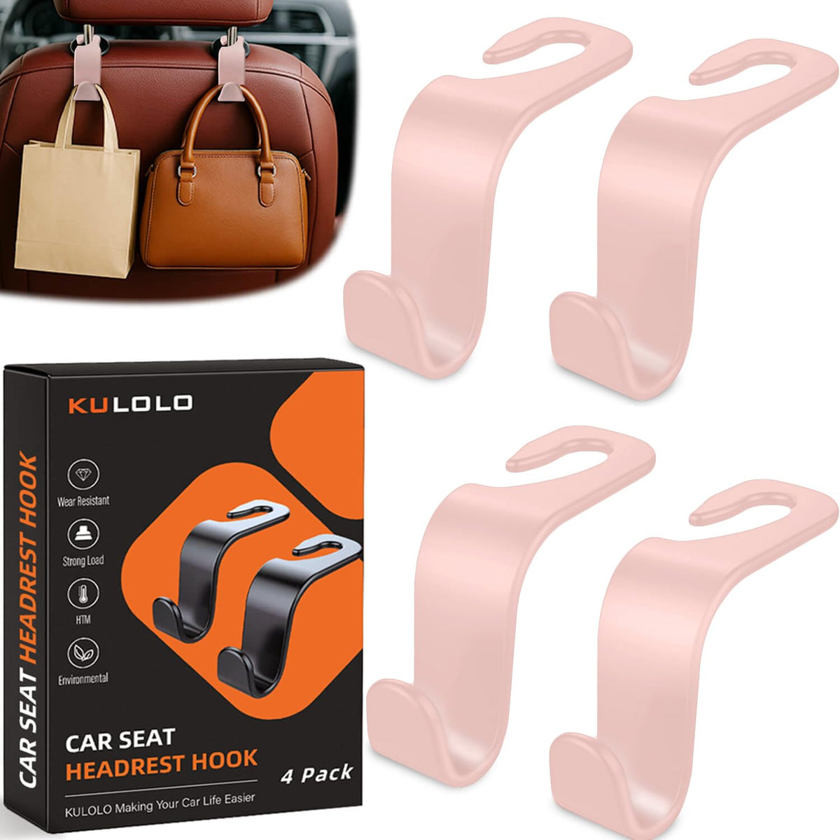 4-Pack Car Seat Hooks - 55 lb Each, Fits 0.32-0.55 in Headrest Rods