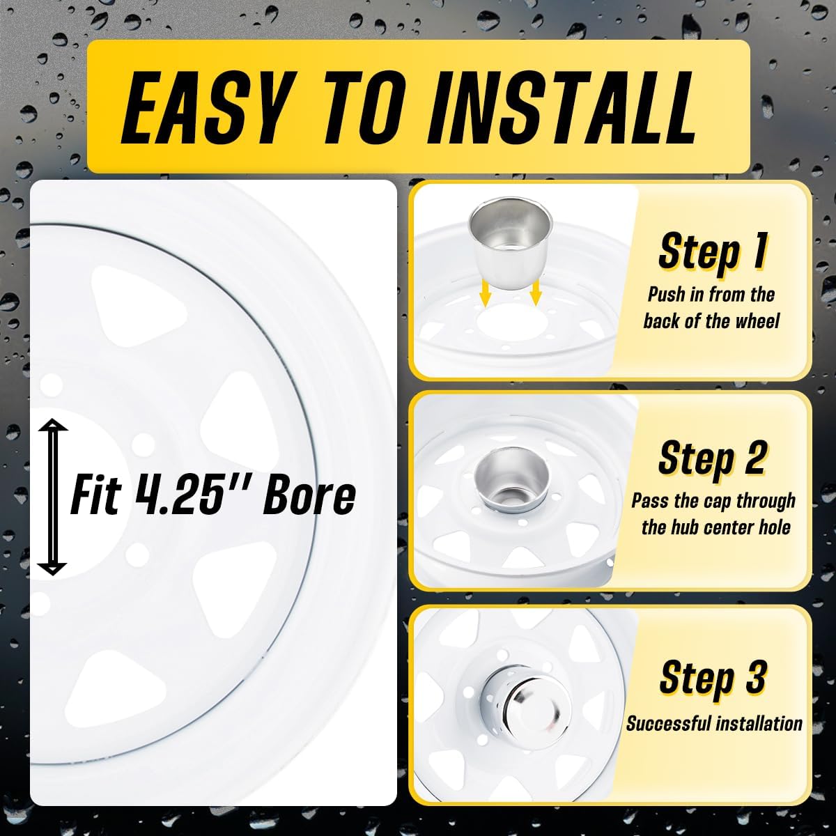 4Pcs 4.25" Stainless Trailer Wheel Center Caps, 4.29" H Chrome