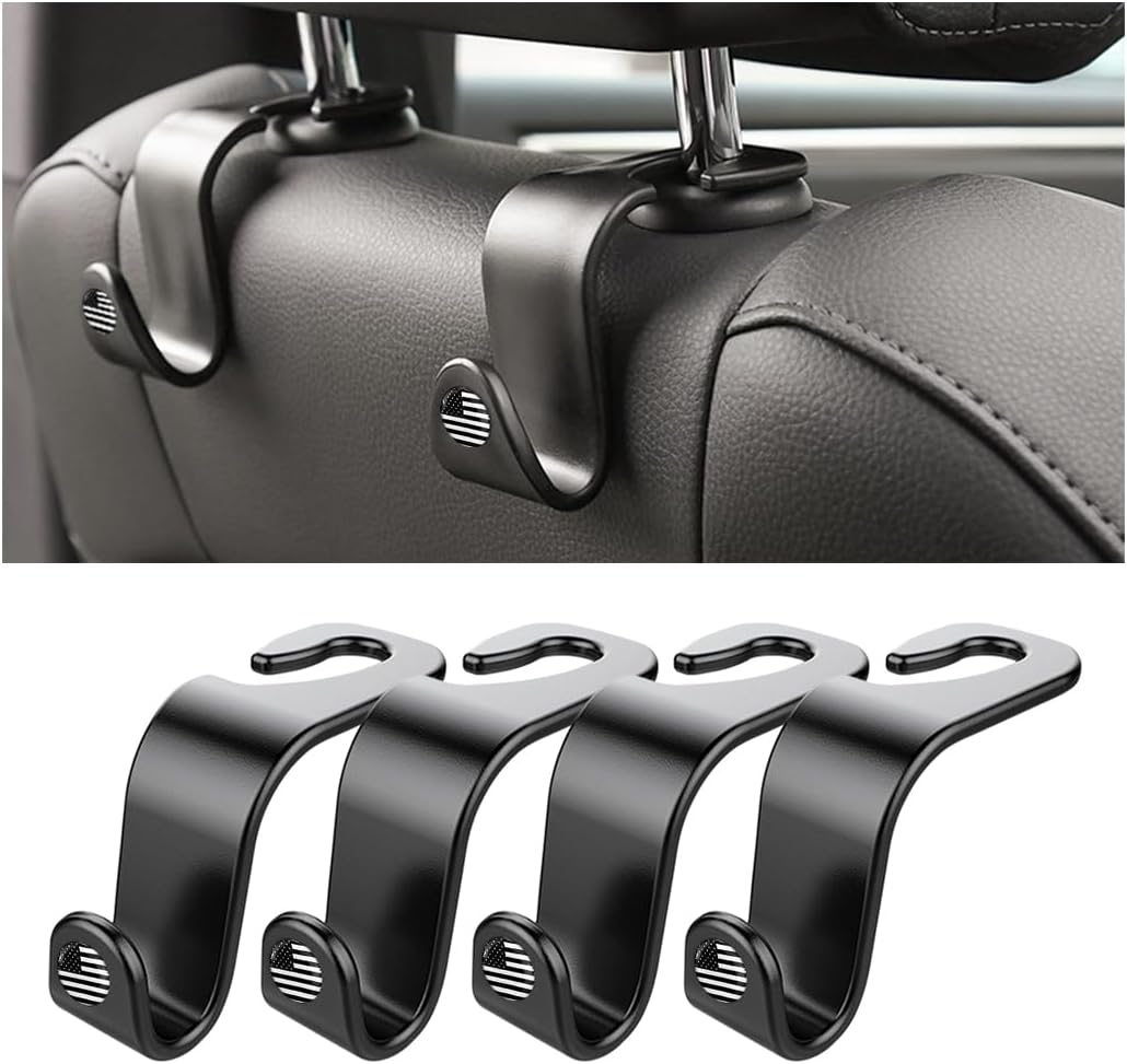 4 Pack Headrest Hooks for Vehicle Seats, Black/Black Flag