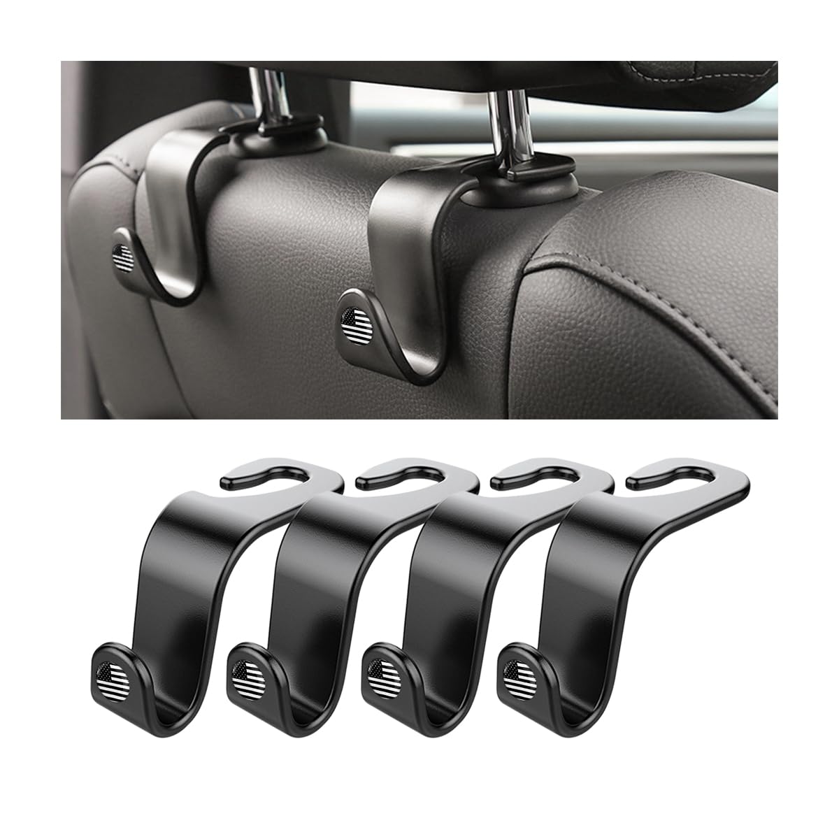 4 Pack Headrest Hooks for Vehicle Seats, Black/Black Flag