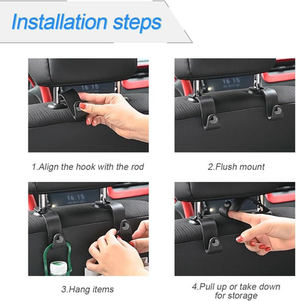 4 Pack Headrest Hooks for Vehicle Seats, Black/Black Flag