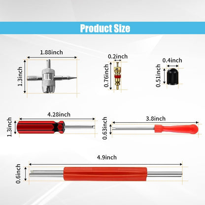 GLSOWEE Tire Valve Stem Puller Installer Tool Kit, 40Pcs Valve Cores & 20Pcs Valve Caps, 2Pcs Single Head Tire Valve Core Remover, 4-Way Valve Tool & Dual Head Puller