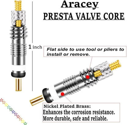 20 Pieces Presta Valve Core 4 Pieces Alloy Presta Valve Caps with Valve Core Remover Tool