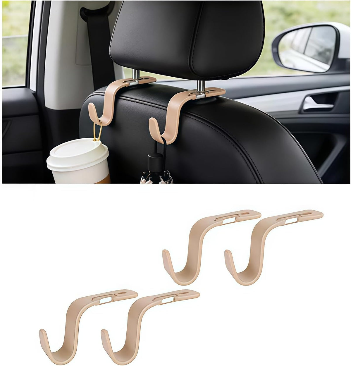 4PCS Car Seat Headrest Hook, Multi-Purpose Seat Back Hanger Purse Bag Handbag Organizer, Auto Interior Backseat Storage Hook Holder for Coat Hat Grocery Umbrella, Universal Fit (Beige)