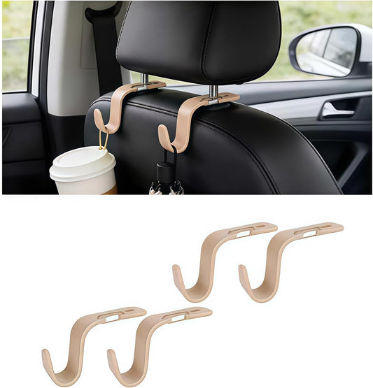 4PCS Car Seat Headrest Hook, Multi-Purpose Seat Back Hanger Purse Bag Handbag Organizer, Auto Interior Backseat Storage Hook Holder for Coat Hat Grocery Umbrella, Universal Fit (Beige)