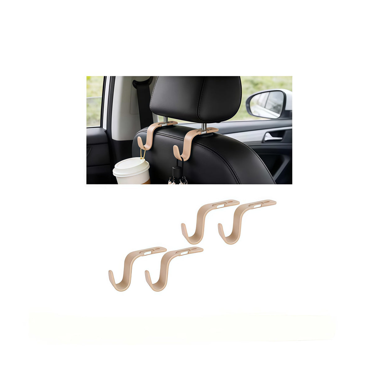 4PCS Car Seat Headrest Hook, Multi-Purpose Seat Back Hanger Purse Bag Handbag Organizer, Auto Interior Backseat Storage Hook Holder for Coat Hat Grocery Umbrella, Universal Fit (Beige)