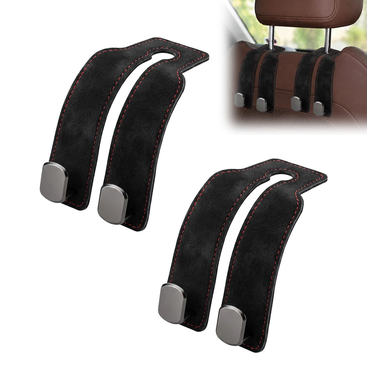 2 Pcs Purse Hook for Car, Leather Headrest Hooks for Car Seat, Universal Car Hooks Bag Holder for Purses, Handbags, Grocery Bags, Vehicle Seat Back Storage Organizer (Brown)