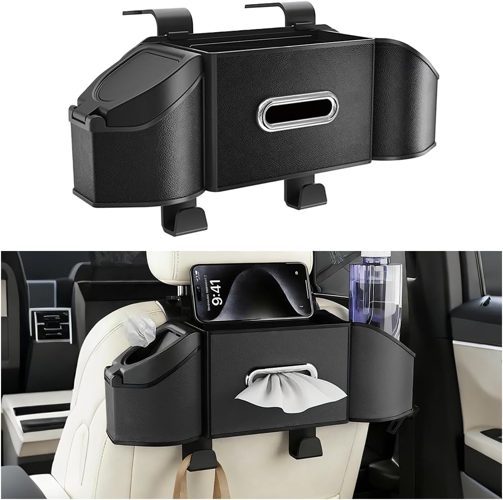 HZEL Car Seat Back Organizer, 7 in 1 Vehicle Backseat Storage Box with Cup Holder Tissue Box Trash Bin & Hooks, Multifunctional Auto Interior Headrest Organizer, Universal for SUV RV Truck (Black)
