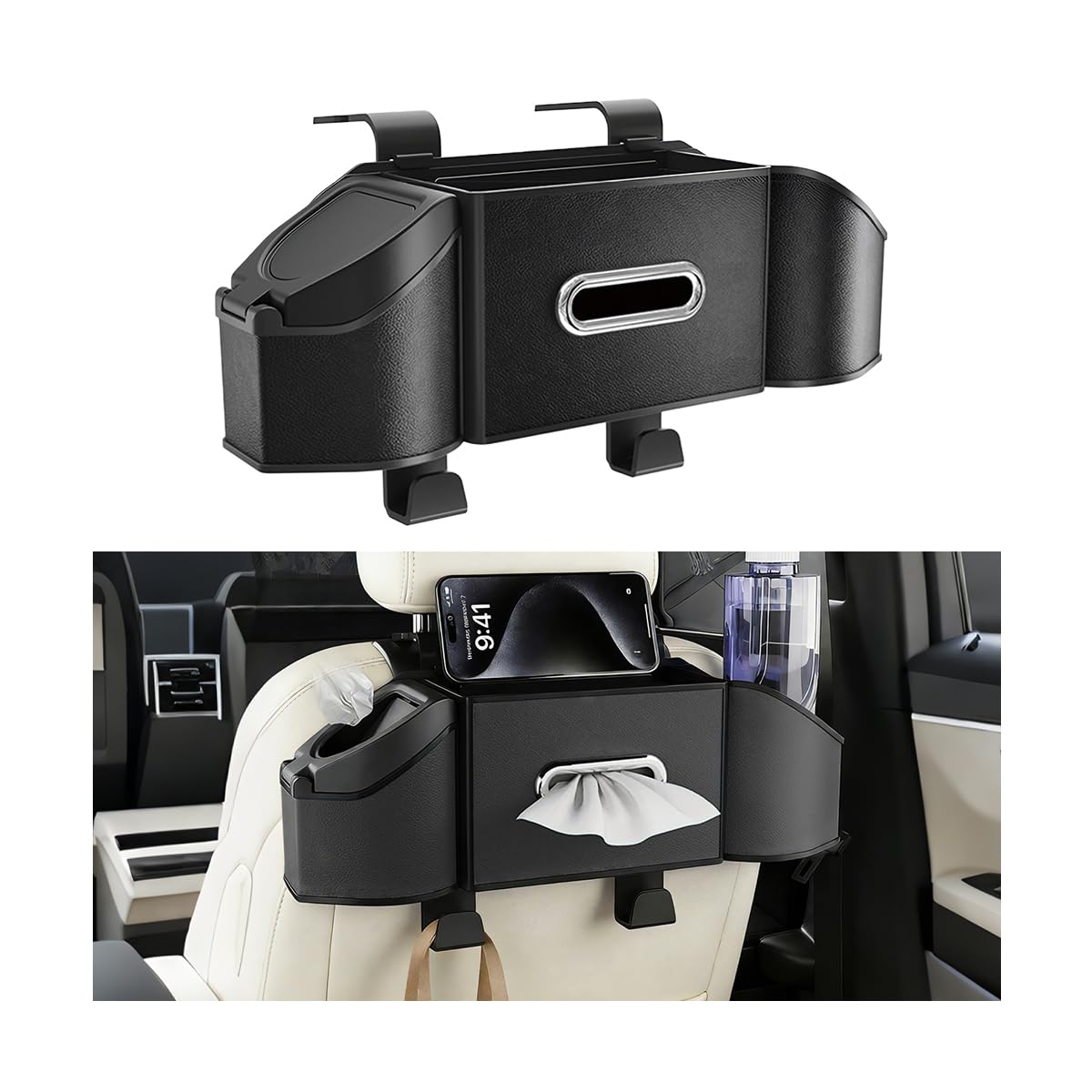 HZEL Car Seat Back Organizer, 7 in 1 Vehicle Backseat Storage Box with Cup Holder Tissue Box Trash Bin & Hooks, Multifunctional Auto Interior Headrest Organizer, Universal for SUV RV Truck (Black)
