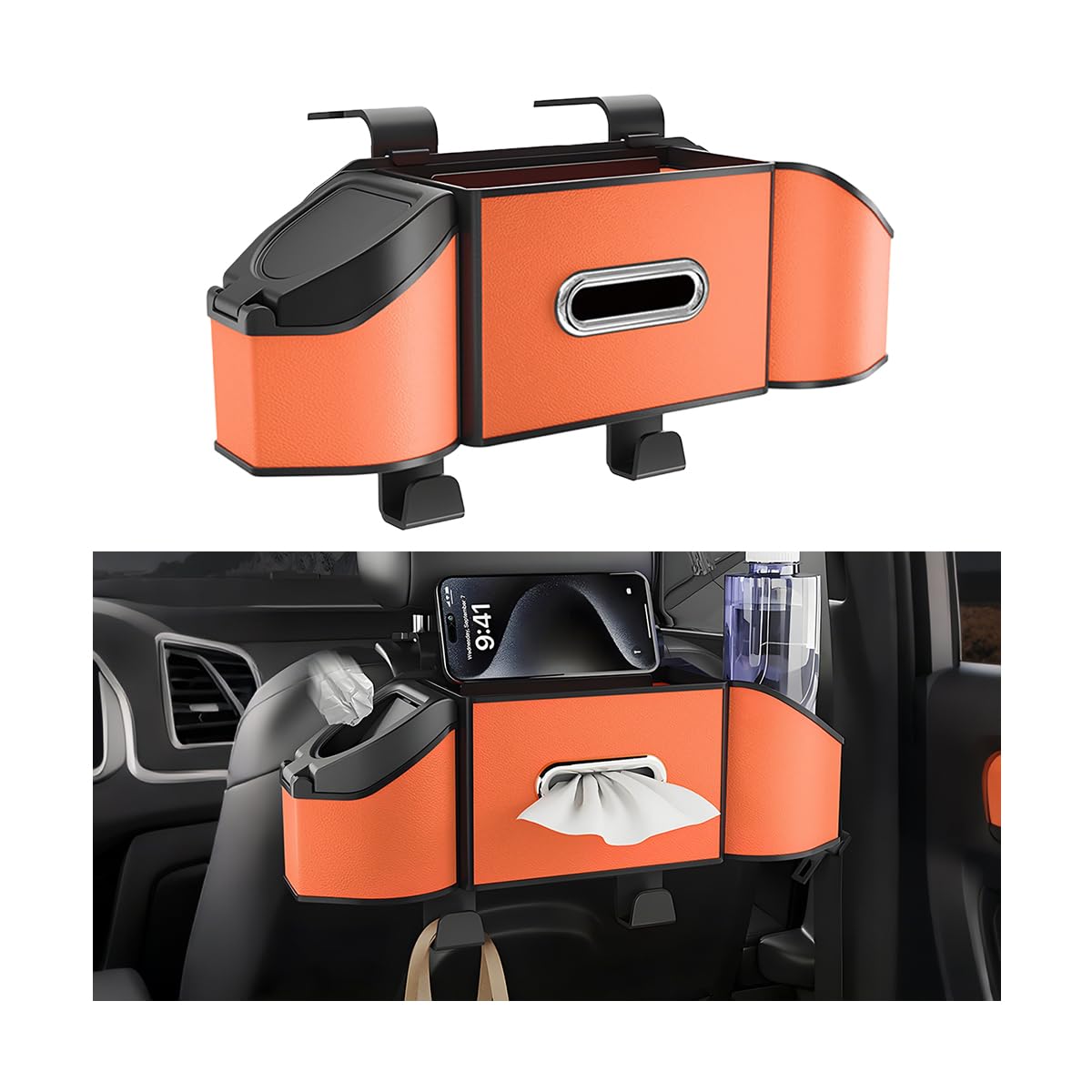 HZEL Car Seat Back Organizer, 7 in 1 Vehicle Backseat Storage Box with Cup Holder Tissue Box Trash Bin & Hooks, Multifunctional Auto Interior Headrest Organizer, Universal for SUV RV Truck (Black)