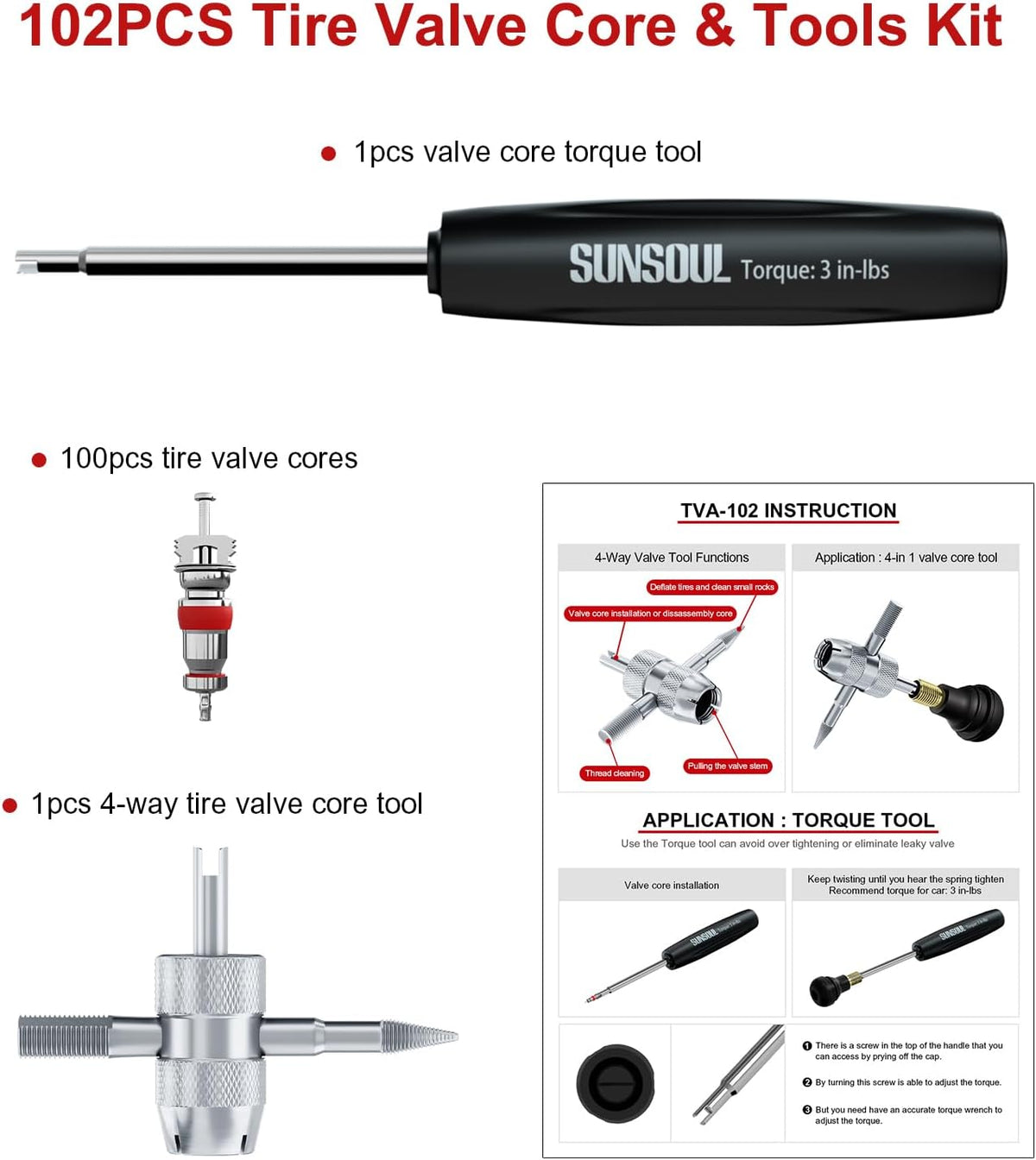SUNSOUL 102PCS Schrader Tire Valve Cores with 4-Way Valve Core Removal Tool
