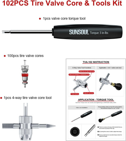 SUNSOUL 102PCS Schrader Tire Valve Cores with 4-Way Valve Core Removal Tool