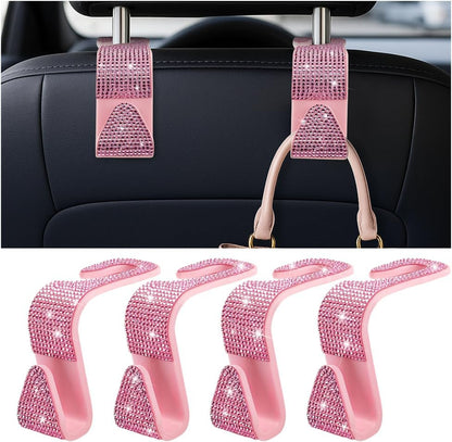 Zpana 4PCS Bling Car Seat Headrest Hooks, Crystal Rhinestones, Pink
