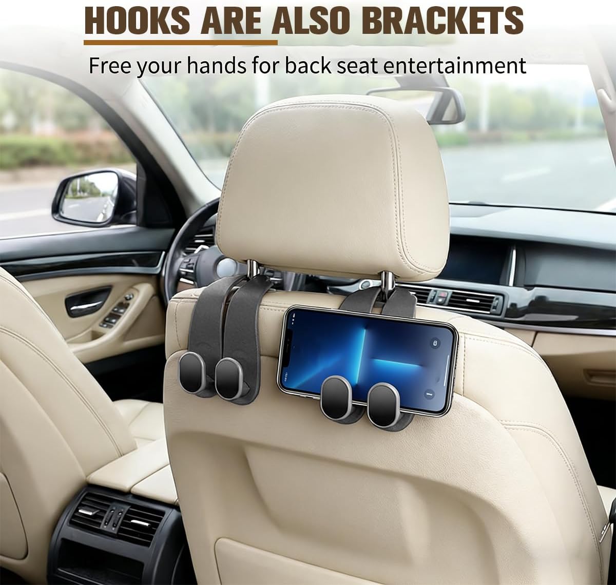 2PCS Car Seat Headrest Hook, Multifunctional Dual Hook Backseat Bag Purse Holder Organizer, Auto Interior Seat Back Storage Hanger for Coat Umbrella Grocery, Universal for Vehicles (Black)