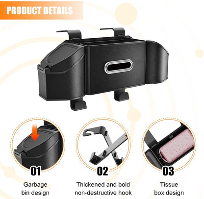 HZEL Car Seat Back Organizer, 7 in 1 Vehicle Backseat Storage Box with Cup Holder Tissue Box Trash Bin & Hooks, Multifunctional Auto Interior Headrest Organizer, Universal for SUV RV Truck (Black)