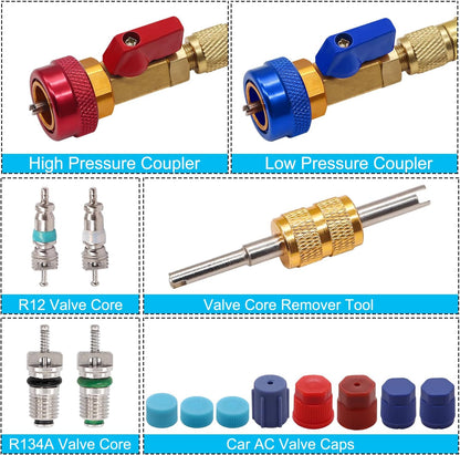 TWTADE R134A Valve Core Quick Remover Installer Tool Kit - High Low Pressure Car A/C Valve Core Removal Tool, Schrader Valve Stem Cores & Seal Caps for R12 R134a Refrigeration Air Conditioner System